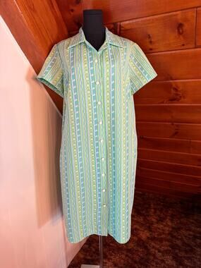 Vintage 60s Poly Mod Striped Textured Button-Up House Dress sz XL